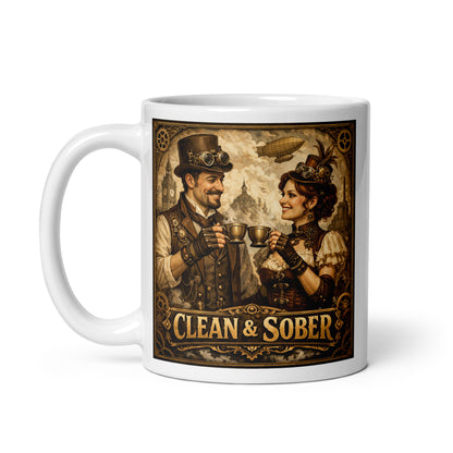 Beautiful and striking Victorian steampunk clean and sober coffee mug design featuring retro 19th century couple sharing coffee with gears, airships, and vintage industrial background.