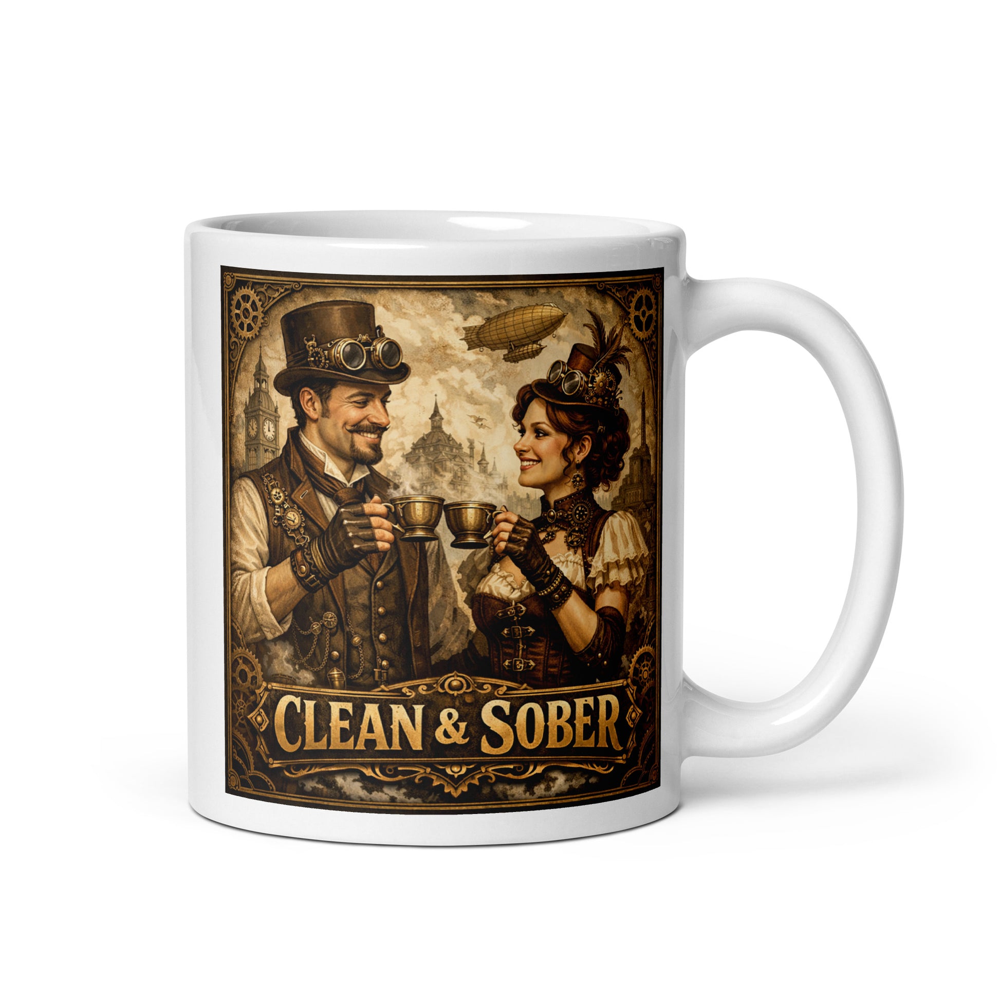 Victorian steampunk clean and sober coffee mug design featuring retro 19th century couple sharing coffee with gears, airships, and vintage industrial background.