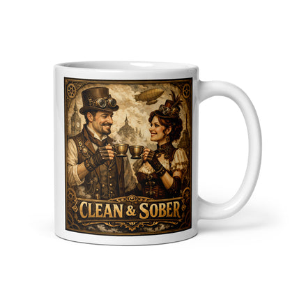 Victorian steampunk clean and sober coffee mug design featuring retro 19th century couple sharing coffee with gears, airships, and vintage industrial background.