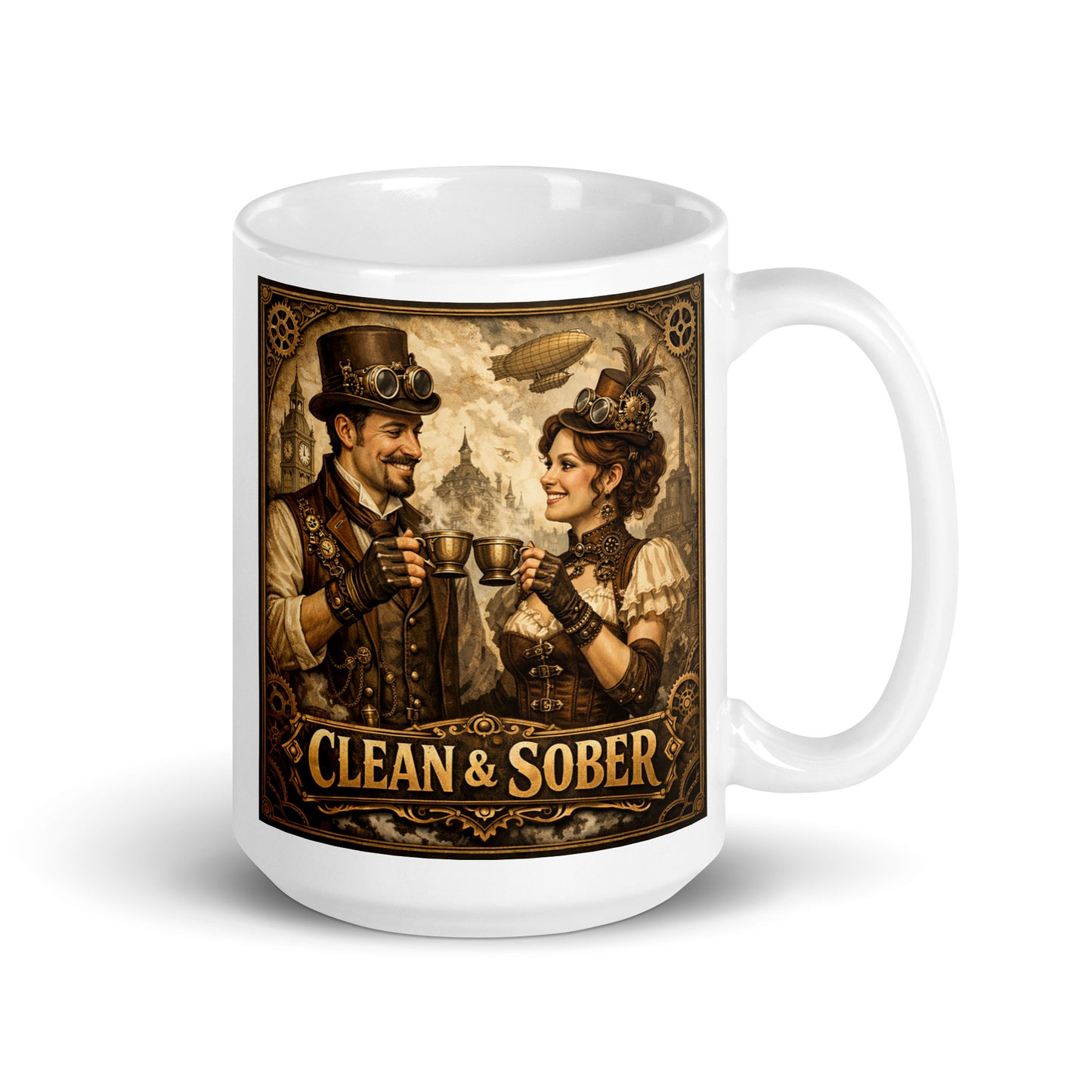 Dark and mysterious Victorian steampunk clean and sober coffee mug design featuring retro 19th century couple sharing coffee with gears, airships, and vintage industrial background.