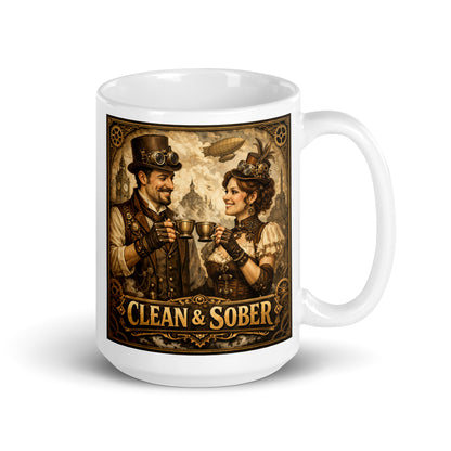 Dark and mysterious Victorian steampunk clean and sober coffee mug design featuring retro 19th century couple sharing coffee with gears, airships, and vintage industrial background.