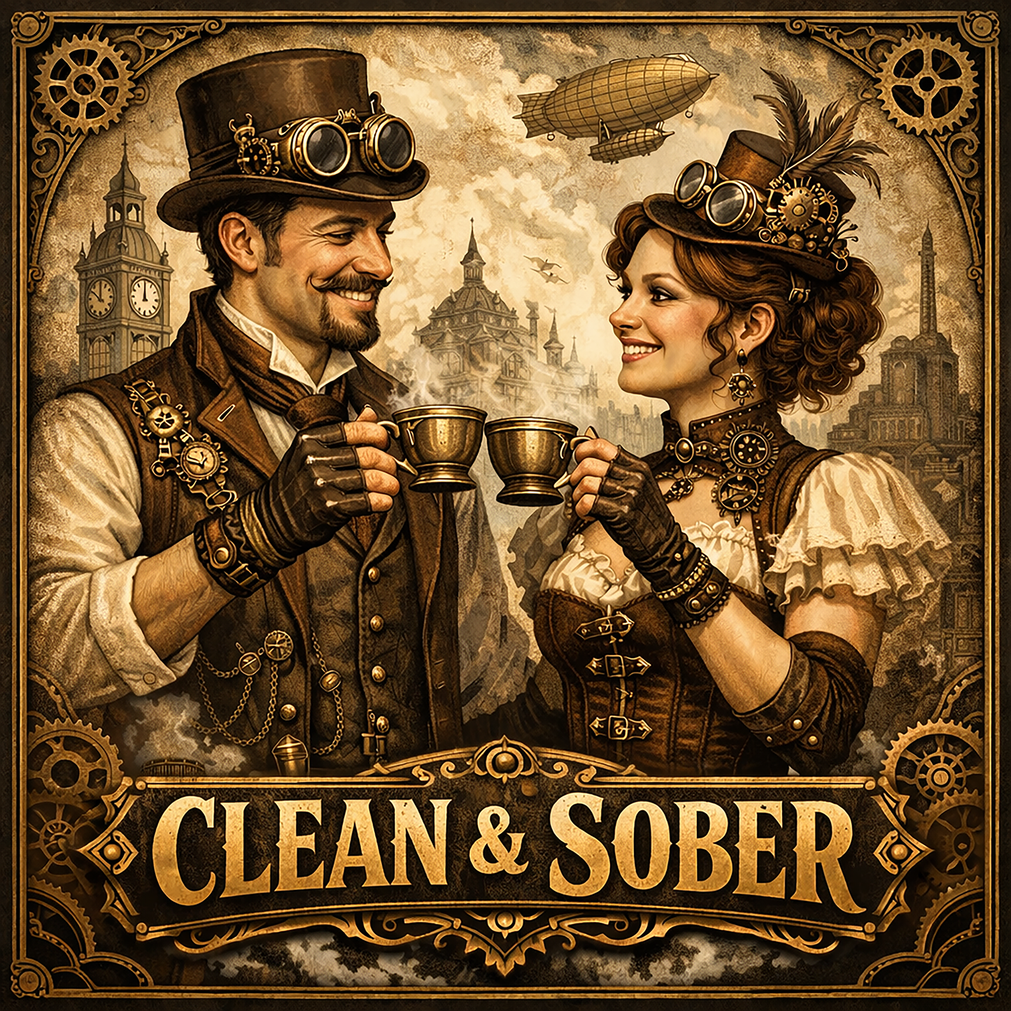 Thumbnail of a Victorian steampunk clean and sober coffee mug design featuring retro 19th century couple sharing coffee with gears, airships, and vintage industrial background.