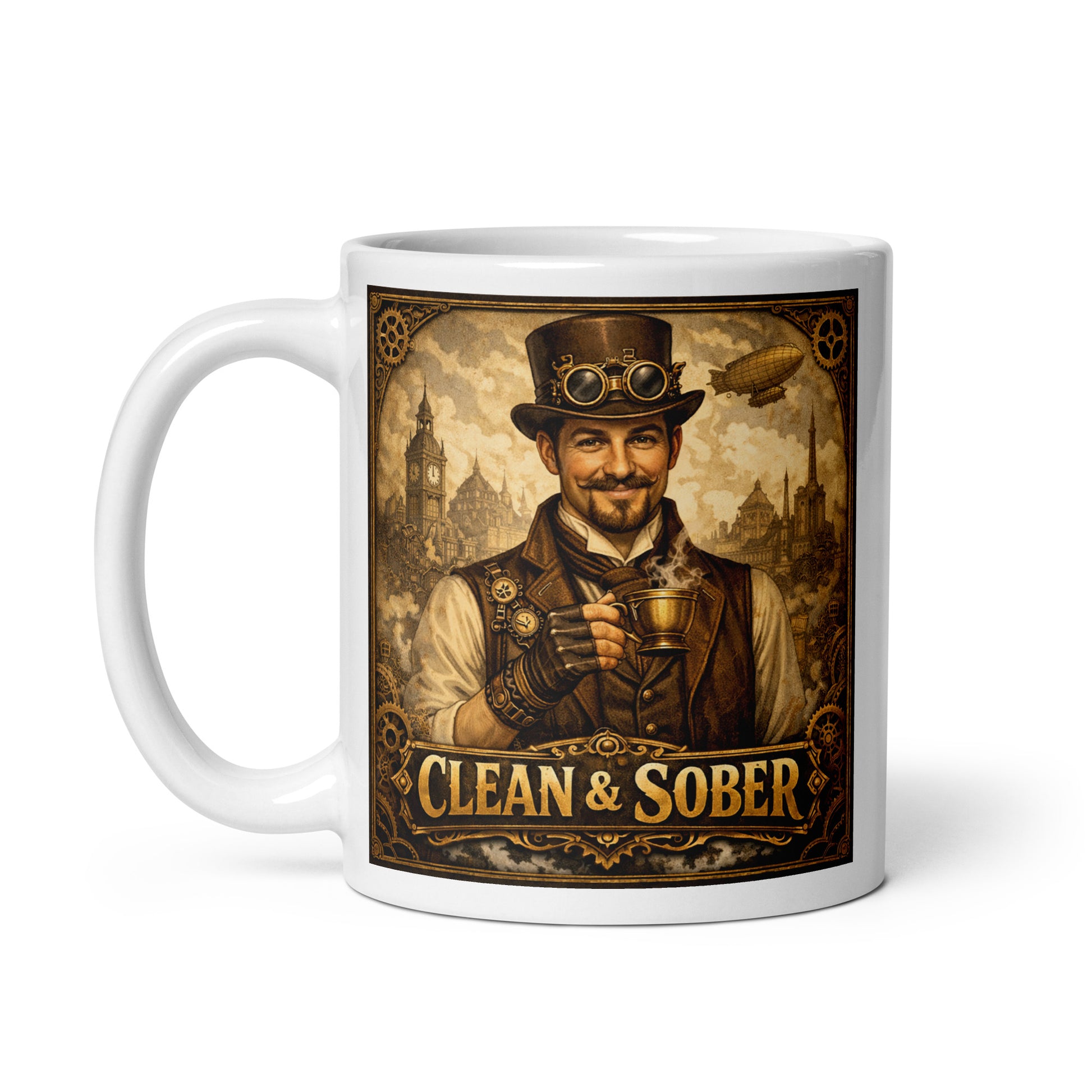 Beautiful and striking Victorian steampunk clean and sober coffee mug design featuring 19th century gentleman holding coffee with gears, airships, and retro industrial city background.