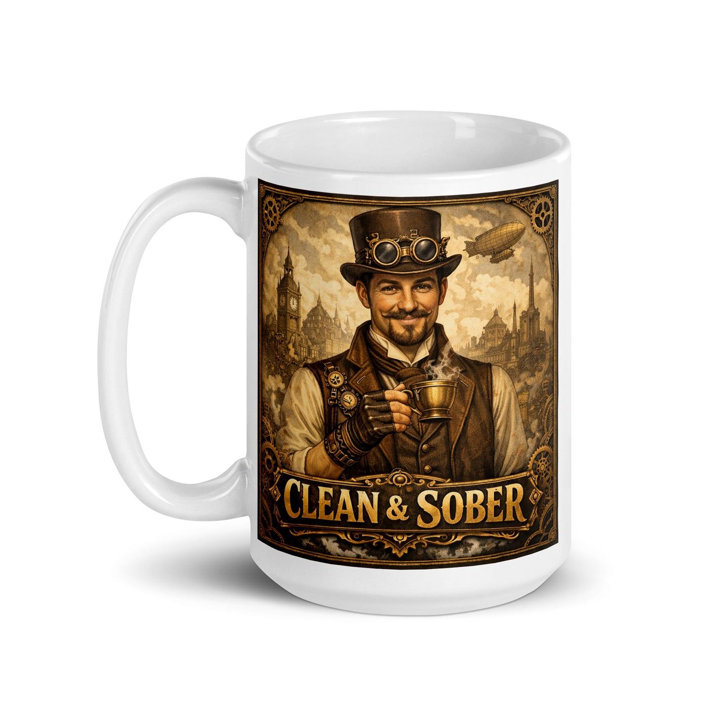 Colorful and lively Victorian steampunk clean and sober coffee mug design featuring 19th century gentleman holding coffee with gears, airships, and retro industrial city background.