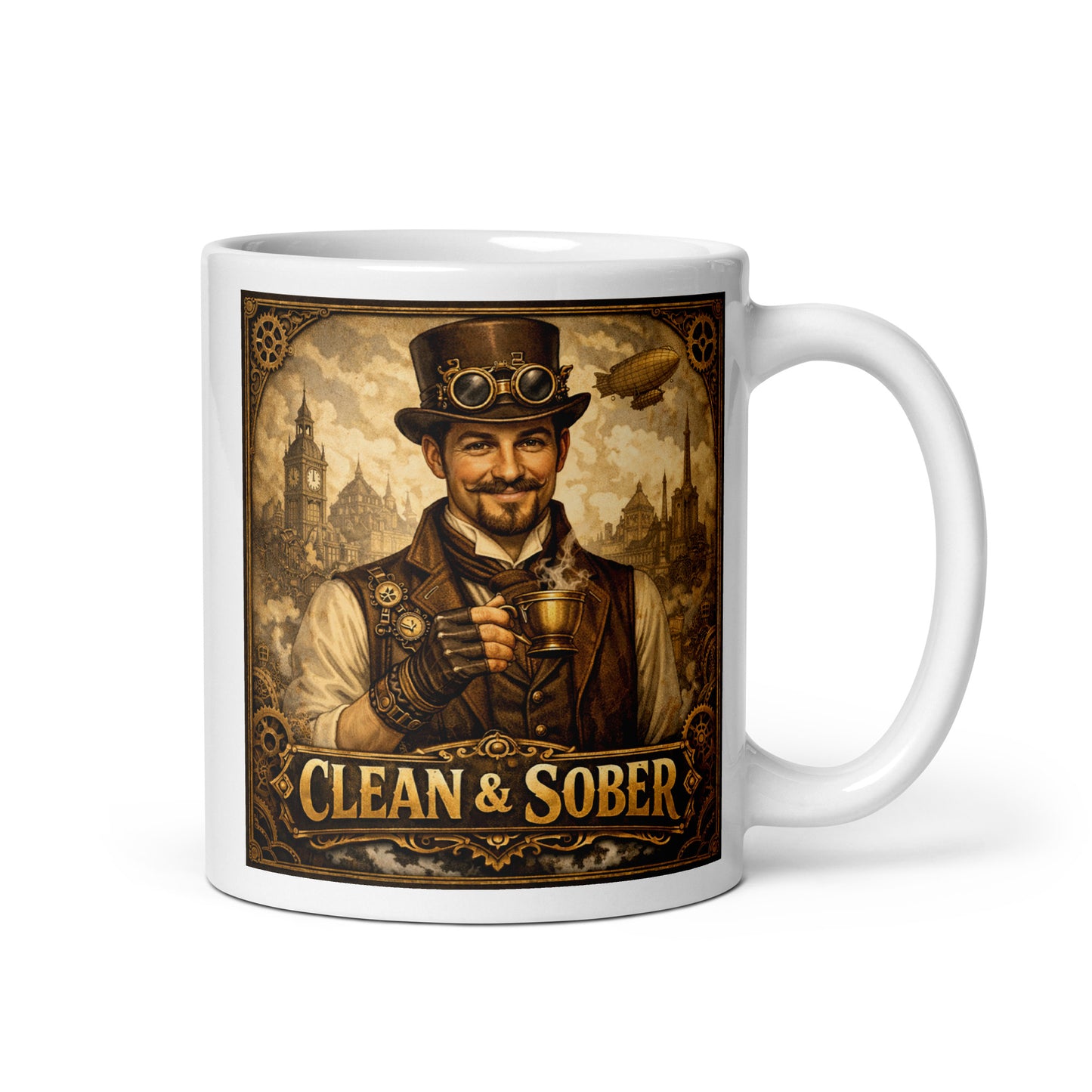 Victorian steampunk clean and sober coffee mug design featuring 19th century gentleman holding coffee with gears, airships, and retro industrial city background.