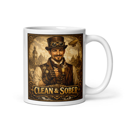 Victorian steampunk clean and sober coffee mug design featuring 19th century gentleman holding coffee with gears, airships, and retro industrial city background.