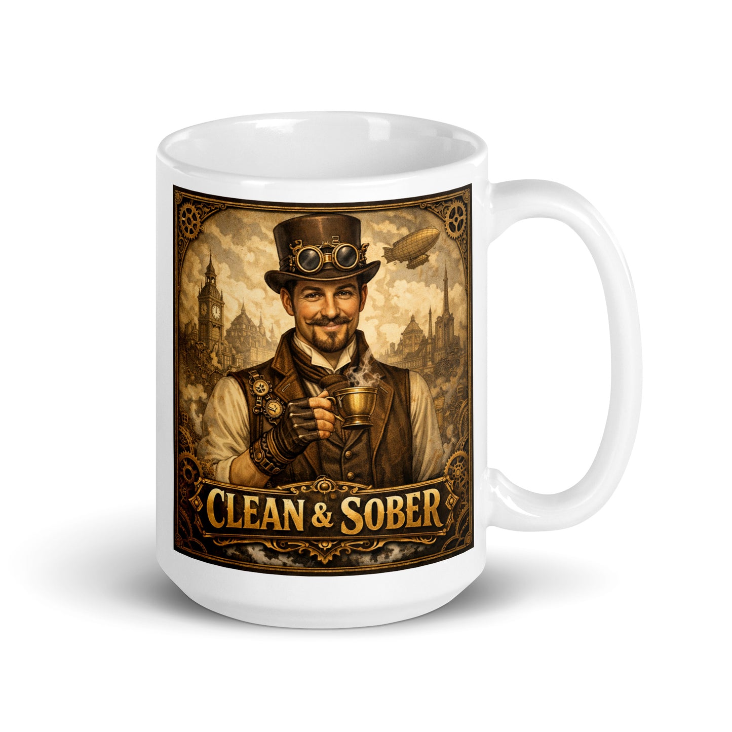 Lovely and intriguing Victorian steampunk clean and sober coffee mug design featuring 19th century gentleman holding coffee with gears, airships, and retro industrial city background.