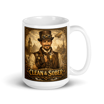 Lovely and intriguing Victorian steampunk clean and sober coffee mug design featuring 19th century gentleman holding coffee with gears, airships, and retro industrial city background.