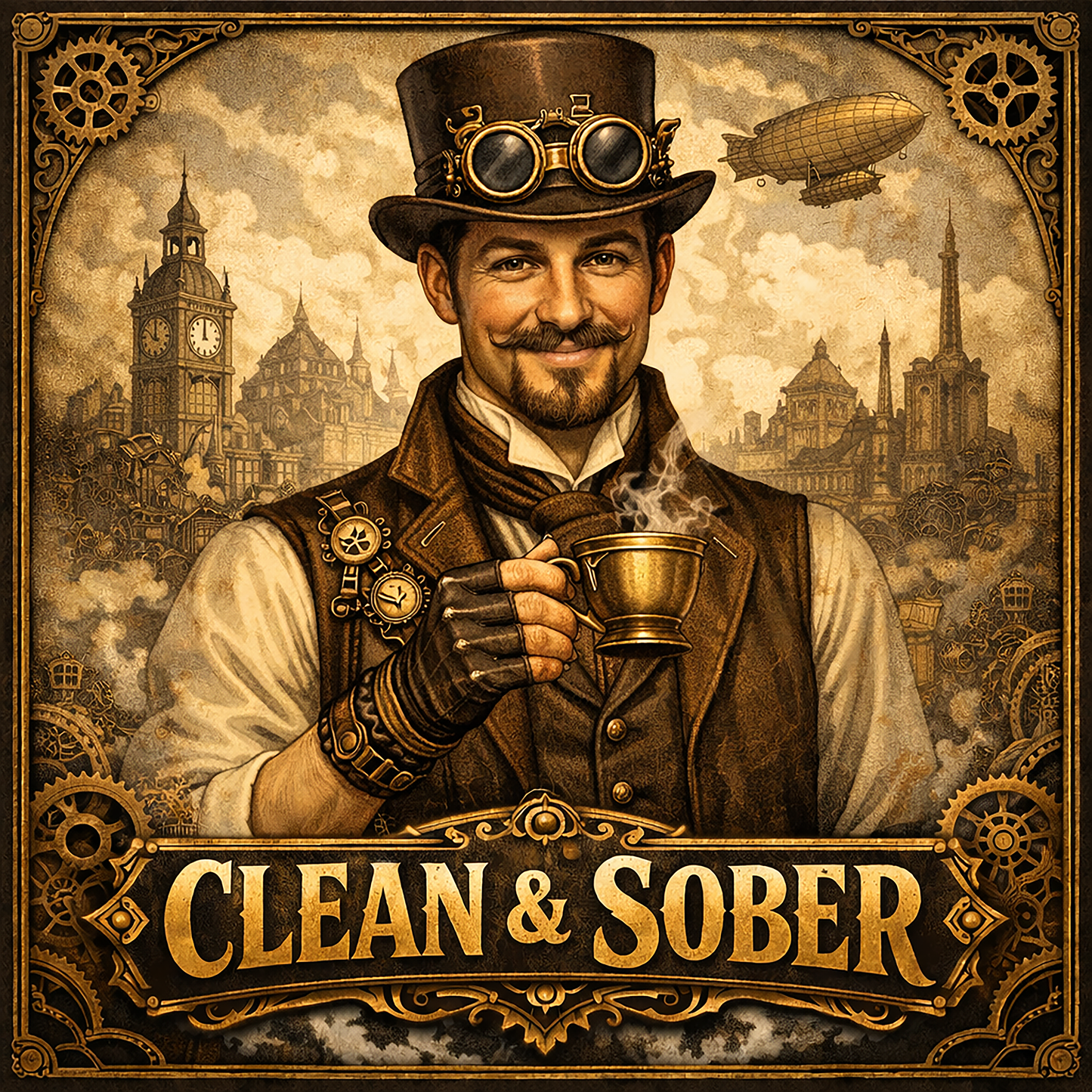 Thumbnail of a Victorian steampunk clean and sober coffee mug design featuring 19th century gentleman holding coffee with gears, airships, and retro industrial city background.