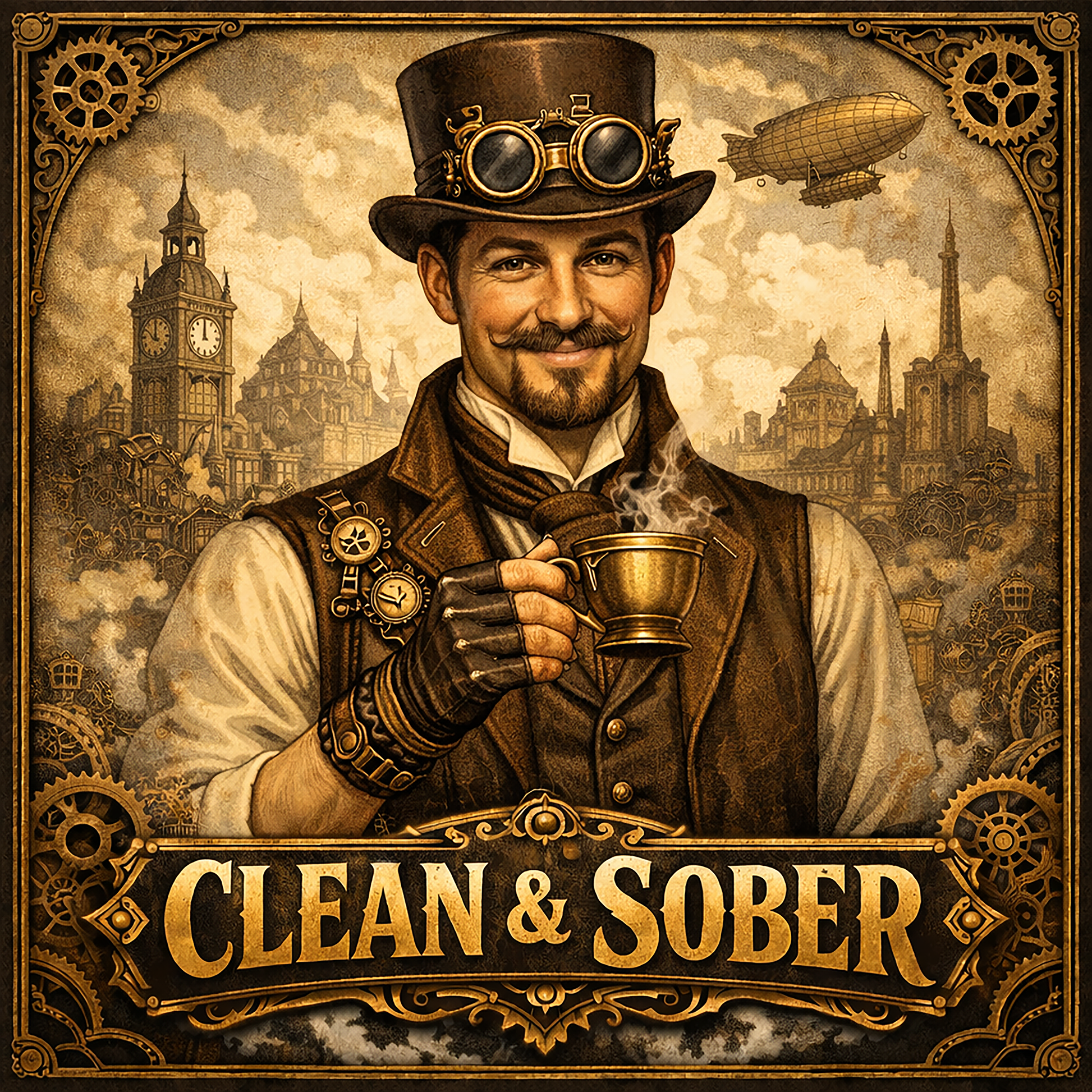 Thumbnail of a Victorian steampunk clean and sober coffee mug design featuring 19th century gentleman holding coffee with gears, airships, and retro industrial city background.
