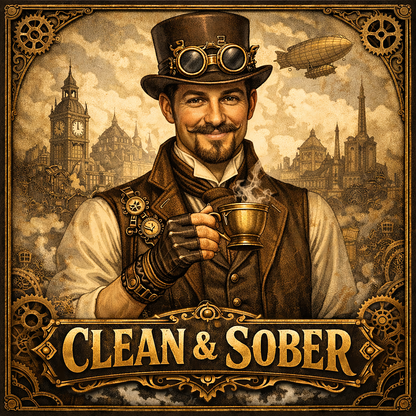 Thumbnail of a Victorian steampunk clean and sober coffee mug design featuring 19th century gentleman holding coffee with gears, airships, and retro industrial city background.