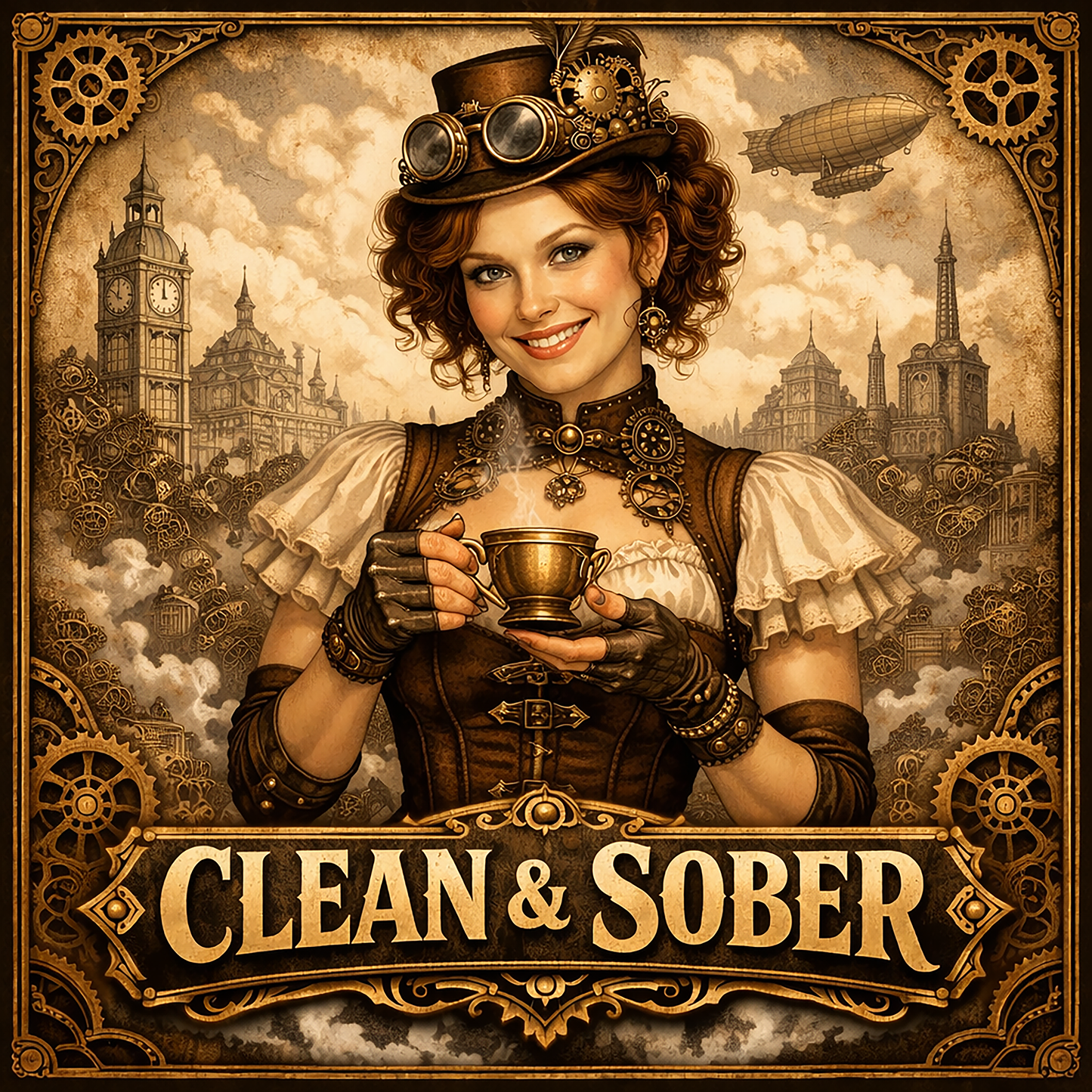 Thumbnail of a Steampunk Victorian style coffee mug featuring a smiling woman in a leather corset, gear-adorned top hat and brass goggles holding a steaming brass teacup against a skyline of clocktowers and an airship with gold "Clean & Sober" lettering
