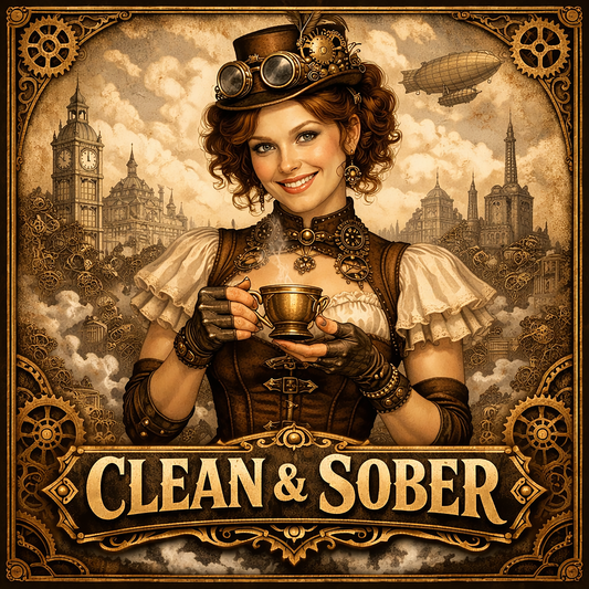 Thumbnail of a Steampunk Victorian style coffee mug featuring a smiling woman in a leather corset, gear-adorned top hat and brass goggles holding a steaming brass teacup against a skyline of clocktowers and an airship with gold "Clean & Sober" lettering
