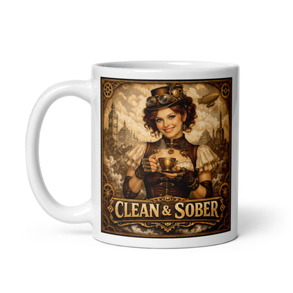 Lovely and intriguing Steampunk Victorian style coffee mug featuring a smiling woman in a leather corset, gear-adorned top hat and brass goggles holding a steaming brass teacup against a skyline of clocktowers and an airship with gold "Clean & Sober" lettering