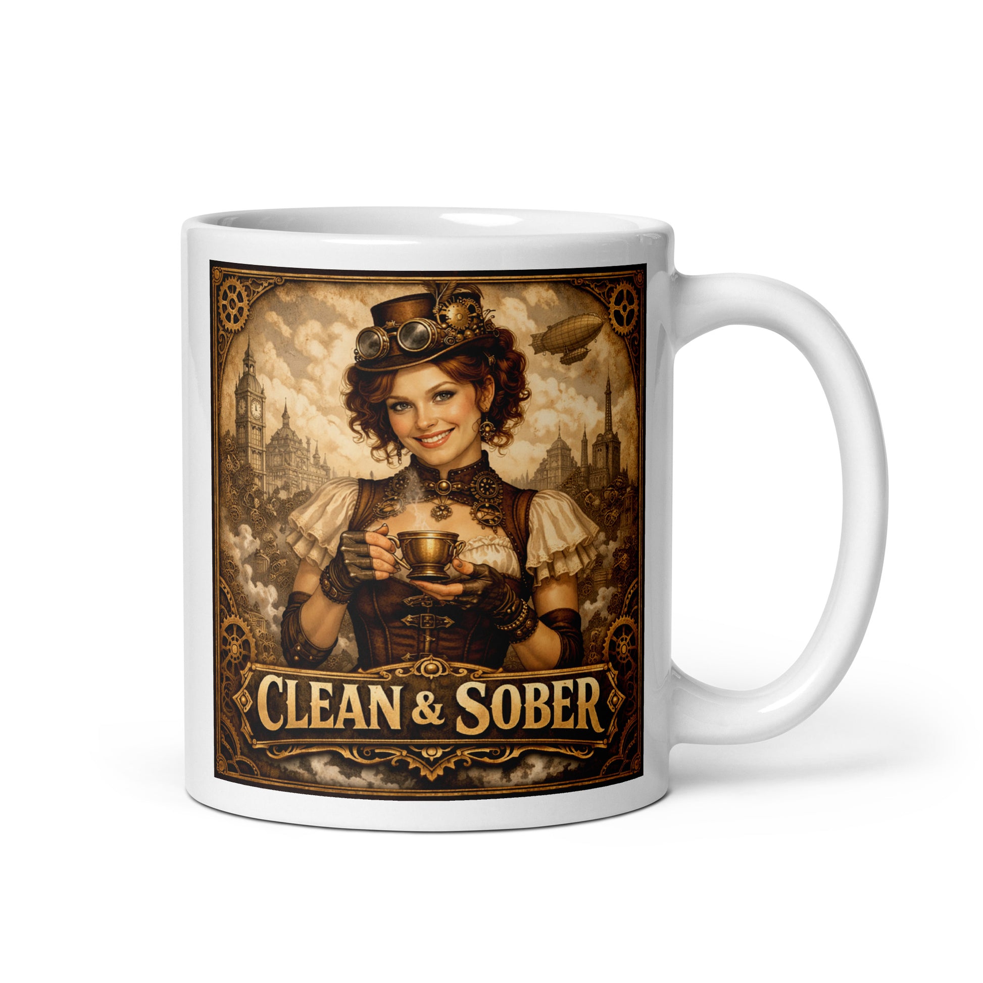 Emotional and stirring Steampunk Victorian style coffee mug featuring a smiling woman in a leather corset, gear-adorned top hat and brass goggles holding a steaming brass teacup against a skyline of clocktowers and an airship with gold "Clean & Sober" lettering