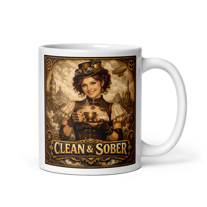 Emotional and stirring Steampunk Victorian style coffee mug featuring a smiling woman in a leather corset, gear-adorned top hat and brass goggles holding a steaming brass teacup against a skyline of clocktowers and an airship with gold "Clean & Sober" lettering
