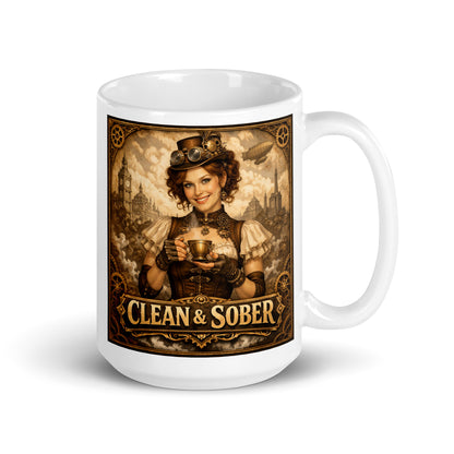 Beautiful and striking Steampunk Victorian style coffee mug featuring a smiling woman in a leather corset, gear-adorned top hat and brass goggles holding a steaming brass teacup against a skyline of clocktowers and an airship with gold "Clean & Sober" lettering