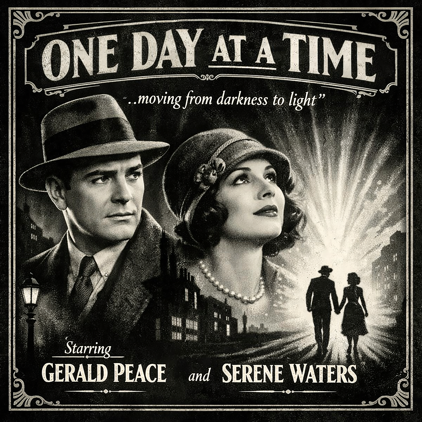Thumbnail of a Vintage film noir style coffee mug featuring a 1920s couple in close-up with their silhouettes walking hand-in-hand toward a burst of light on a dark city street, with "One Day at a Time — Moving from Darkness to Light" in classic movie poster lettering
