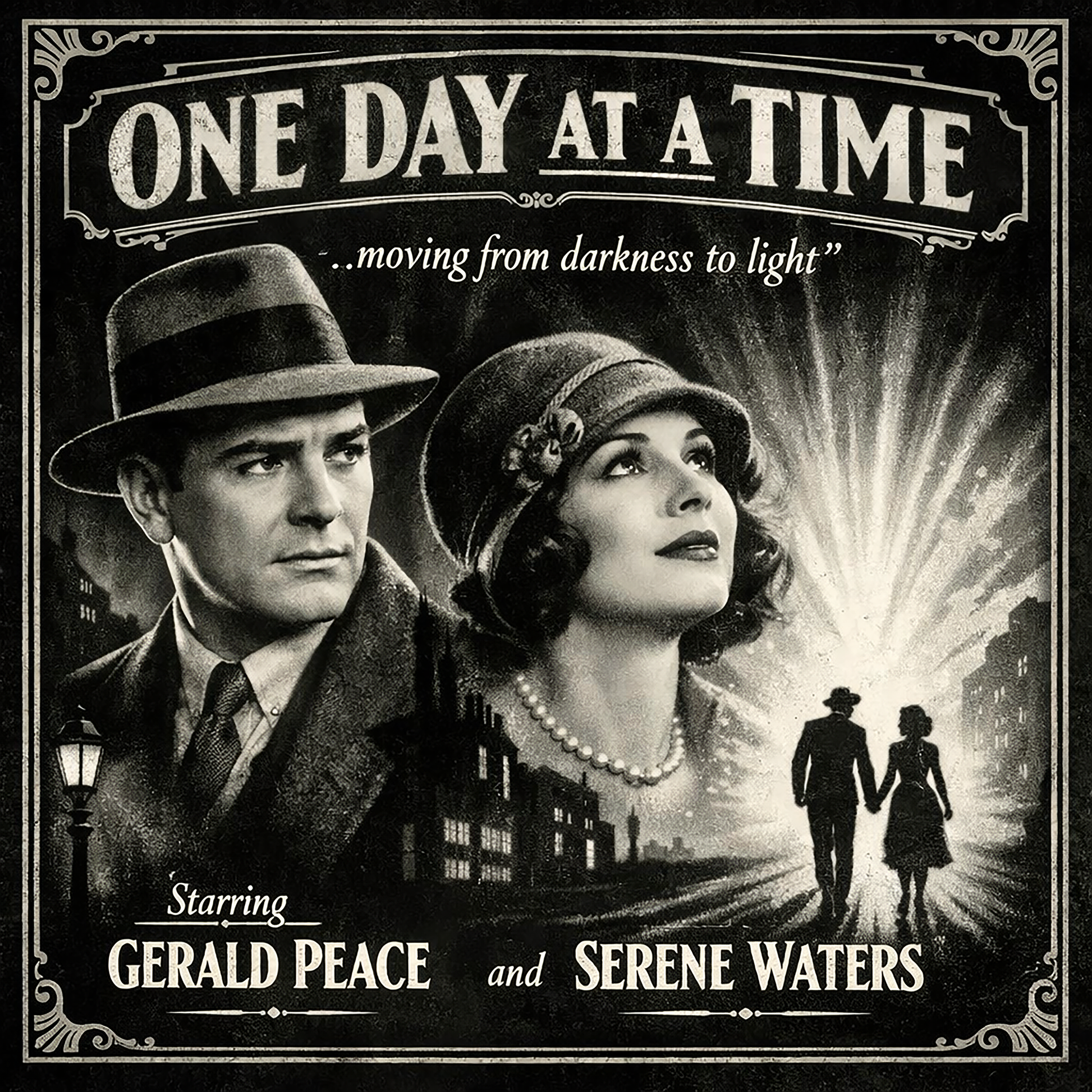 Thumbnail of a Vintage film noir style coffee mug featuring a 1920s couple in close-up with their silhouettes walking hand-in-hand toward a burst of light on a dark city street, with "One Day at a Time — Moving from Darkness to Light" in classic movie poster lettering