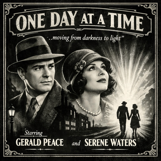 Thumbnail of a Vintage film noir style coffee mug featuring a 1920s couple in close-up with their silhouettes walking hand-in-hand toward a burst of light on a dark city street, with "One Day at a Time — Moving from Darkness to Light" in classic movie poster lettering