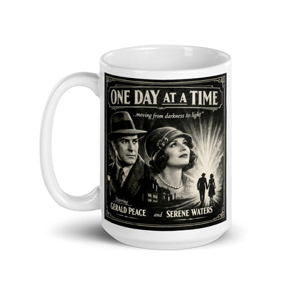 Mysterious and intriguing Vintage film noir style coffee mug featuring a 1920s couple in close-up with their silhouettes walking hand-in-hand toward a burst of light on a dark city street, with "One Day at a Time — Moving from Darkness to Light" in classic movie poster lettering