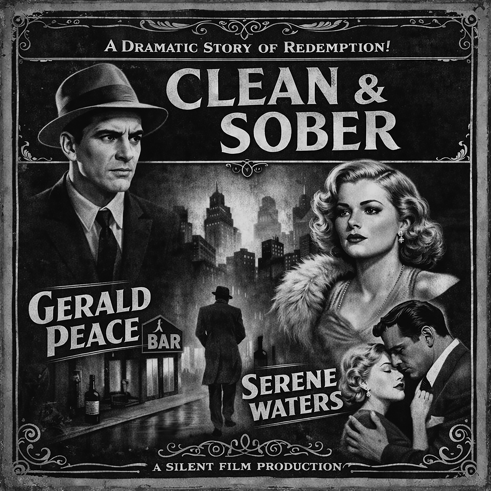 Thumbnail of a 1920s black-and-white clean and sober coffee mug design featuring vintage noir movie poster artwork with dramatic city scene, old Hollywood characters, and silent film style recovery theme.