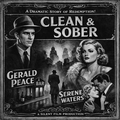 Thumbnail of a 1920s black-and-white clean and sober coffee mug design featuring vintage noir movie poster artwork with dramatic city scene, old Hollywood characters, and silent film style recovery theme.