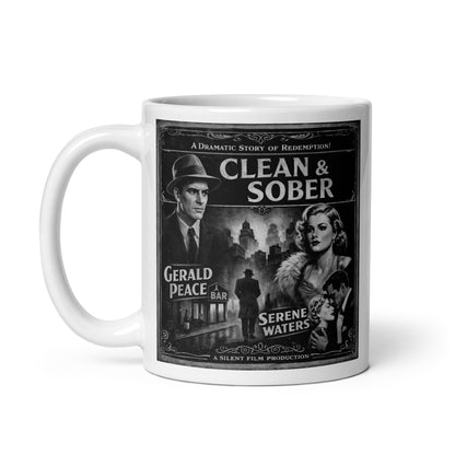 Mysterious and intriguing 1920s black-and-white clean and sober coffee mug design featuring vintage noir movie poster artwork with dramatic city scene, old Hollywood characters, and silent film style recovery theme.