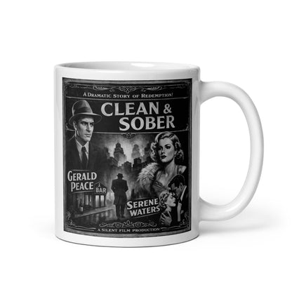Mysterious and intriguing 1920s black-and-white clean and sober coffee mug design featuring vintage noir movie poster artwork with dramatic city scene, old Hollywood characters, and silent film style recovery theme.