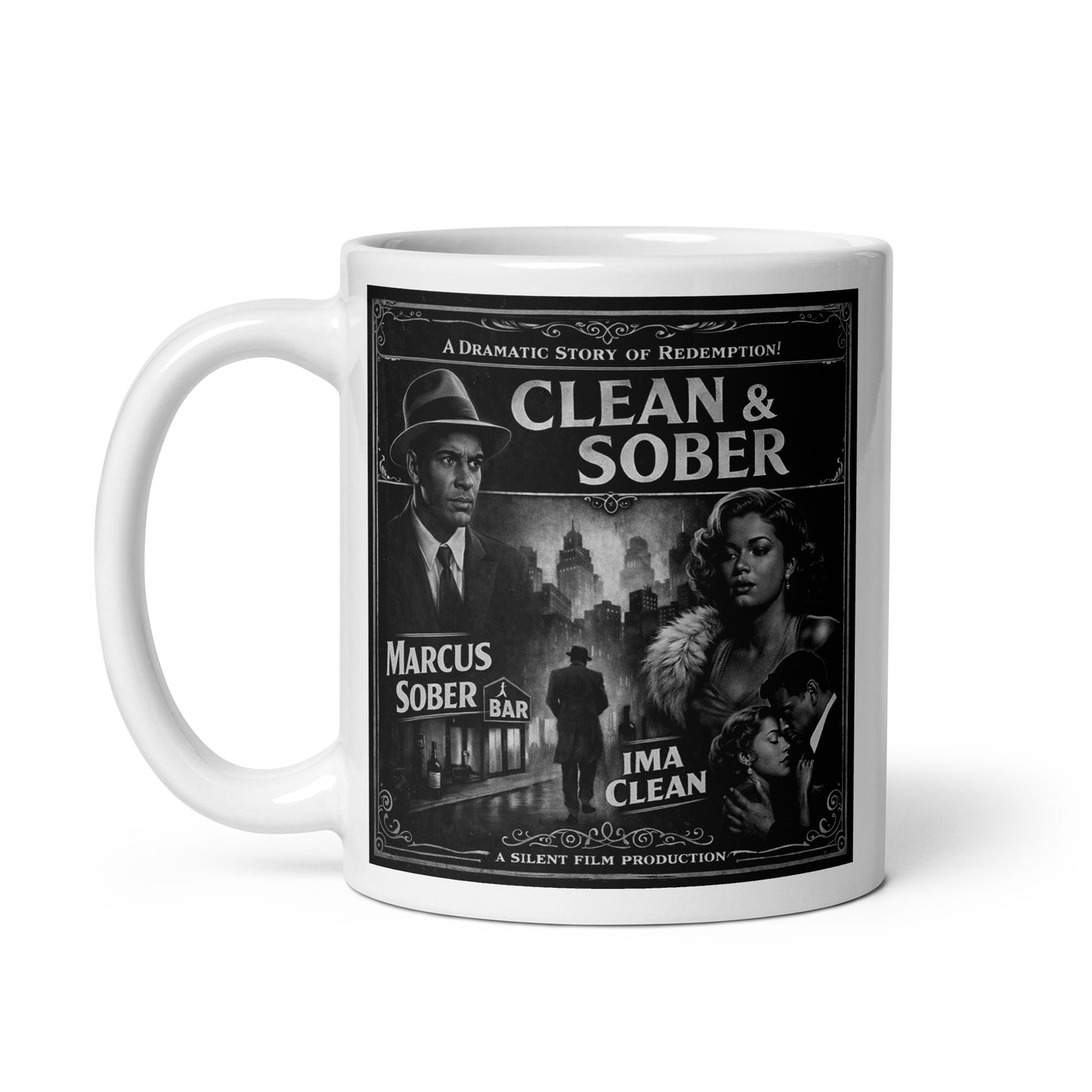 Mysterious and intriguing 1920s Gatsby style clean and sober coffee mug design featuring elegant flapper woman and gentleman holding coffee cups with vintage art deco city background and retro recovery theme.