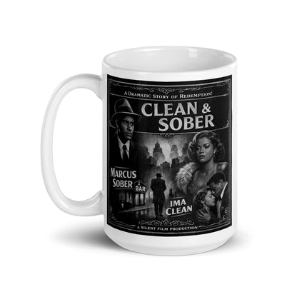  Dark and mysterious 1920s Gatsby style clean and sober coffee mug design featuring elegant flapper woman and gentleman holding coffee cups with vintage art deco city background and retro recovery theme.