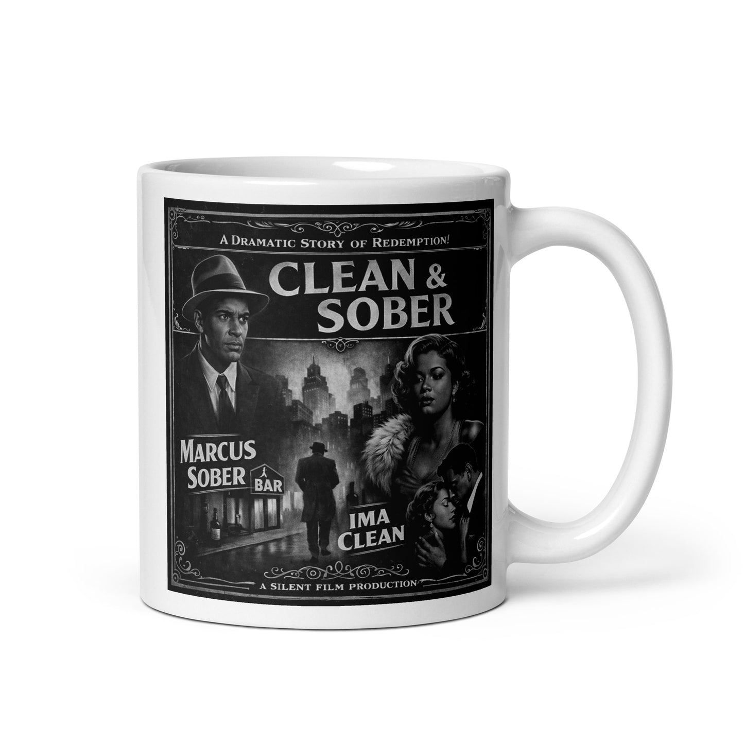 1920s Gatsby style clean and sober coffee mug design featuring elegant flapper woman and gentleman holding coffee cups with vintage art deco city background and retro recovery theme.