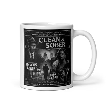 1920s Gatsby style clean and sober coffee mug design featuring elegant flapper woman and gentleman holding coffee cups with vintage art deco city background and retro recovery theme.
