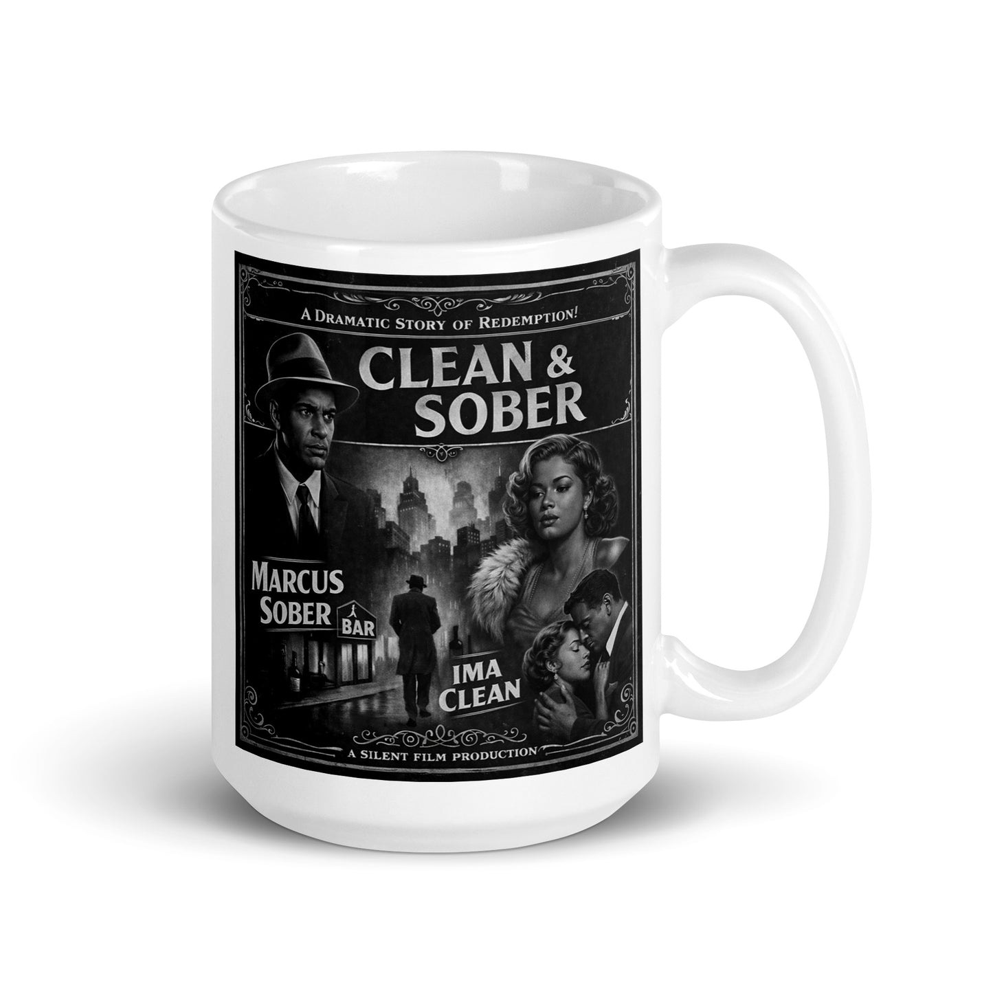Beautiful and striking 1920s Gatsby style clean and sober coffee mug design featuring elegant flapper woman and gentleman holding coffee cups with vintage art deco city background and retro recovery theme.