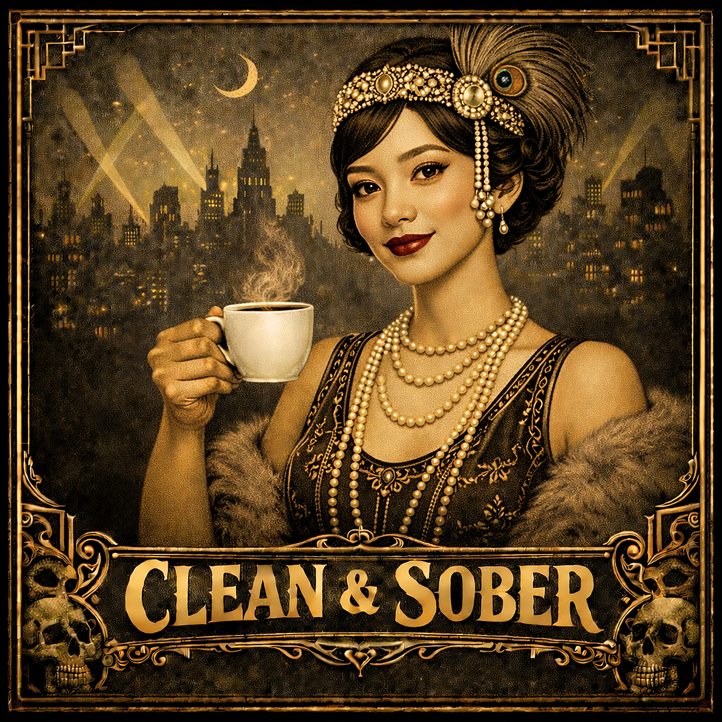 Thumbnail of an Art Deco style coffee mug featuring a glamorous young Asian woman in 1920s flapper attire with a jewelled headband, layered pearl necklaces and fur stole holding a steaming coffee cup against a moonlit city skyline with gold "Clean & Sober" lettering and skull corner details