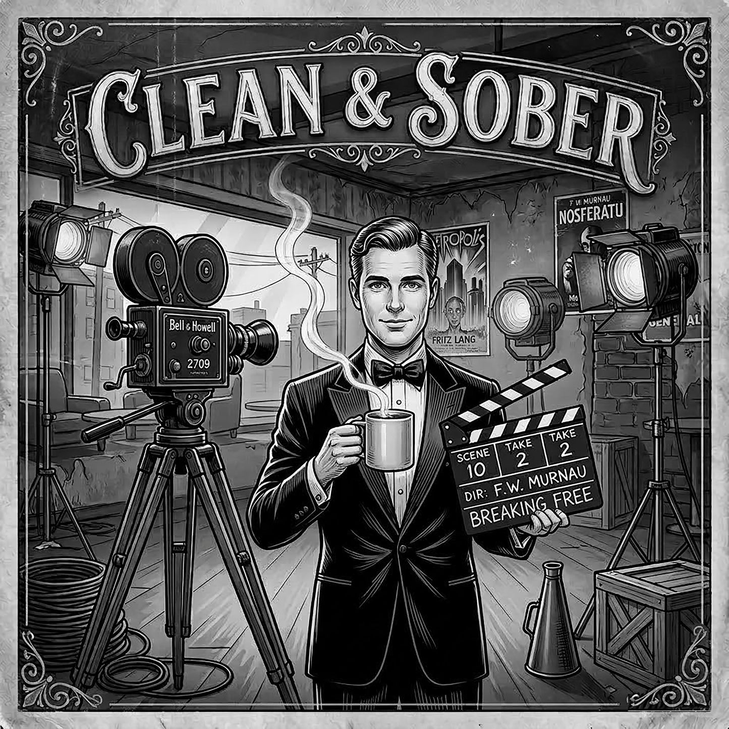 Thumbnail of a Black and white vintage illustration coffee mug featuring a tuxedo-clad man on a 1920s silent film set holding a steaming coffee mug and a clapperboard reading "Breaking Free" surrounded by period cameras and studio lights with "Clean & Sober" in marquee lettering