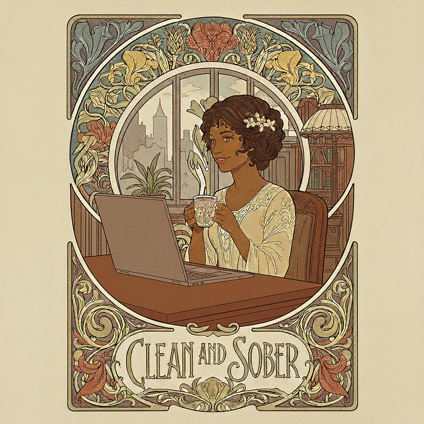 Thumbnail of a Art Nouveau style coffee mug featuring a Black woman with flowers in her hair sitting at a desk with a laptop and coffee cup, framed by ornate botanical scrollwork with "Clean and Sober" in vintage lettering