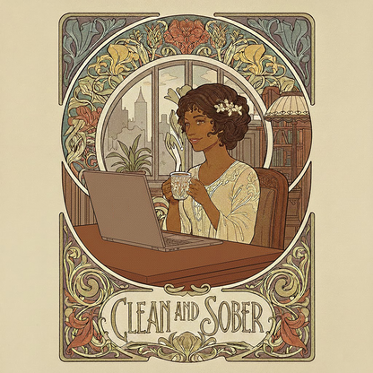 Thumbnail of a Art Nouveau style coffee mug featuring a Black woman with flowers in her hair sitting at a desk with a laptop and coffee cup, framed by ornate botanical scrollwork with "Clean and Sober" in vintage lettering