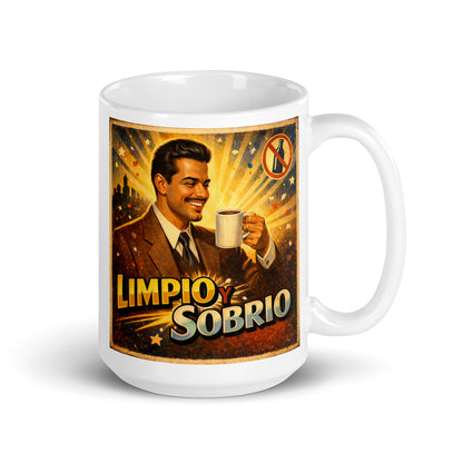 Feliz y alegre Diseño retro en español para taza de café con hombre elegante sosteniendo una taza y texto “Limpio y Sobrio”, inspirado en la recuperación, la sobriedad y una vida positiva sin alcohol.