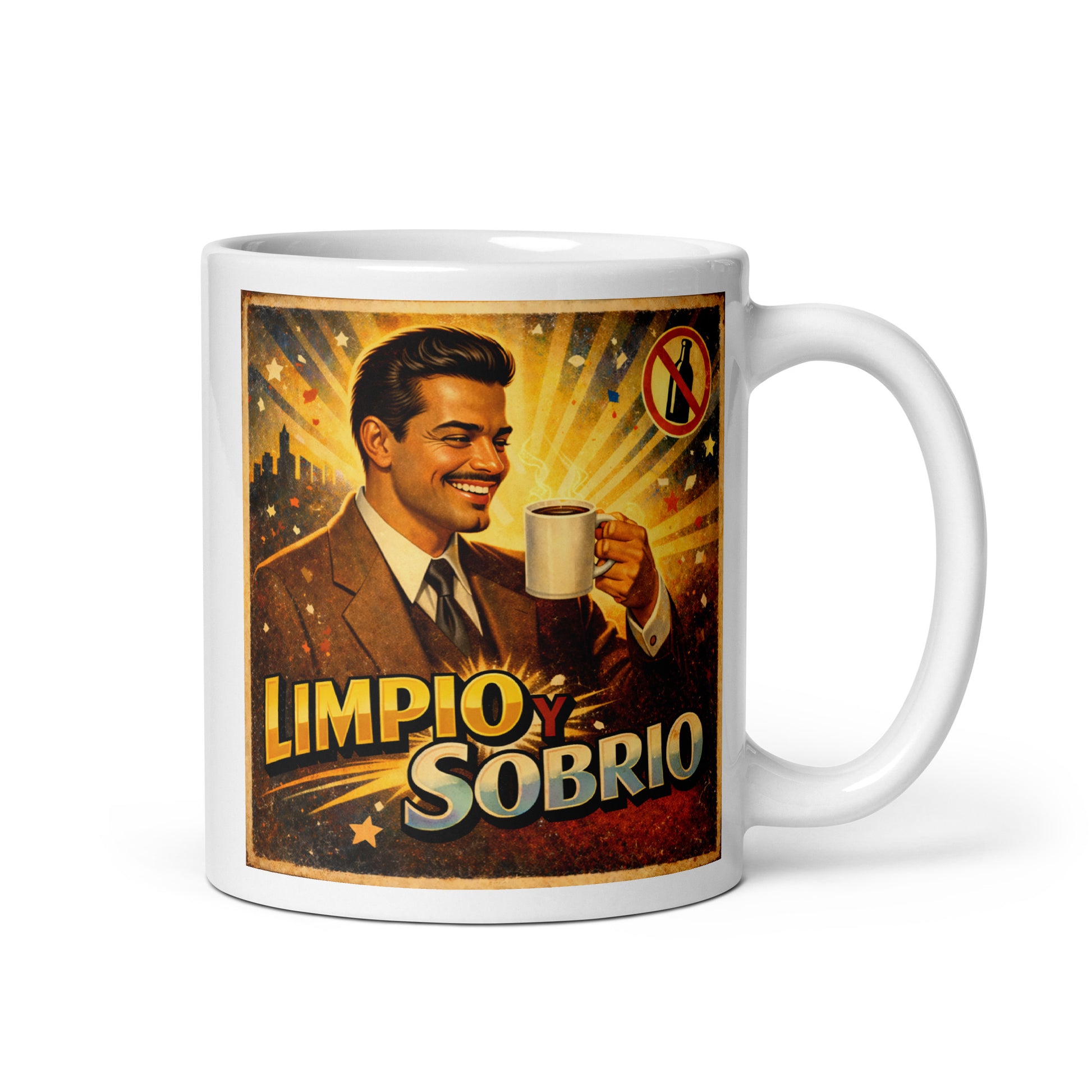 Hermosa y convincente Diseño retro en español para taza de café con hombre elegante sosteniendo una taza y texto “Limpio y Sobrio”, inspirado en la recuperación, la sobriedad y una vida positiva sin alcohol.