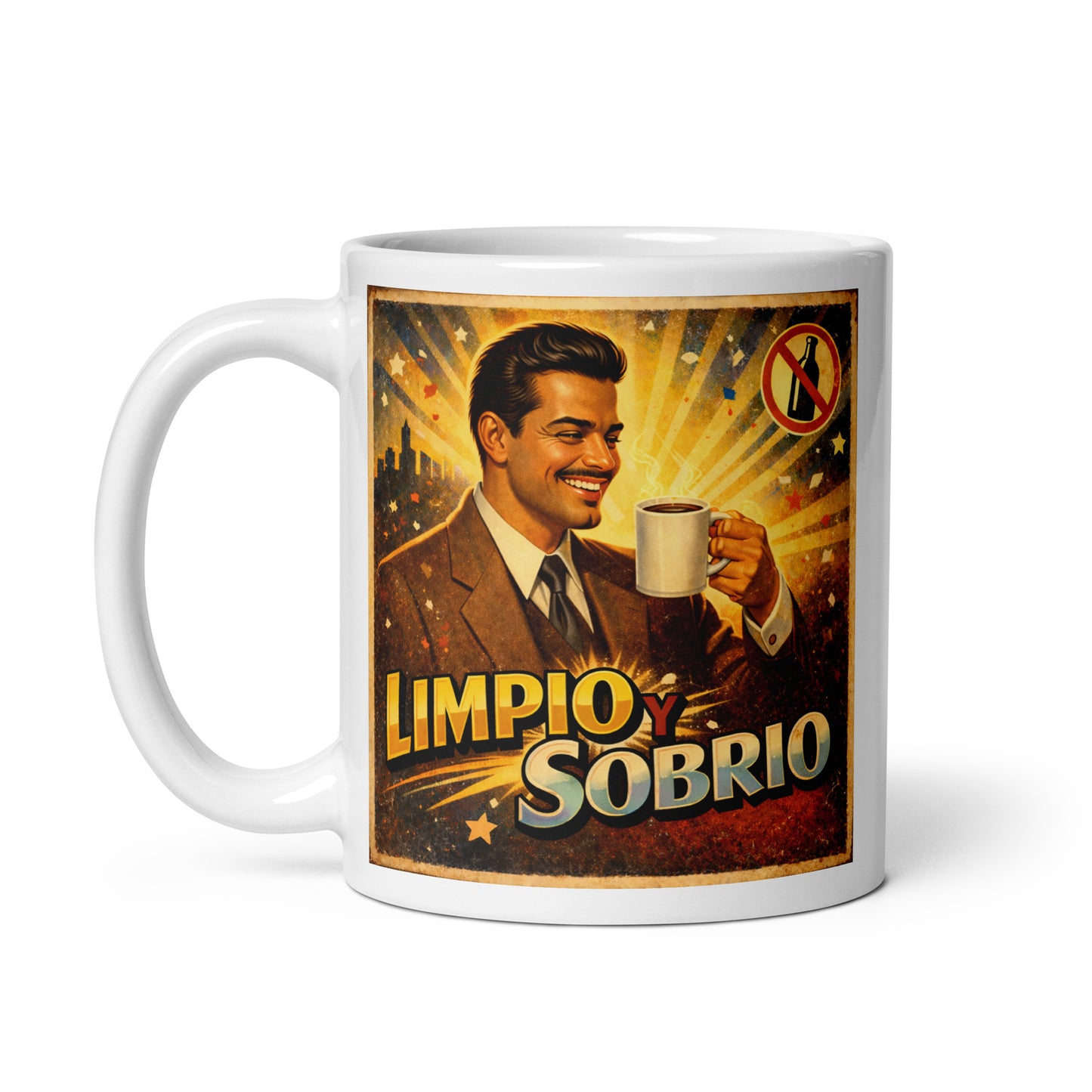 Colorido y animado Diseño retro en español para taza de café con hombre elegante sosteniendo una taza y texto “Limpio y Sobrio”, inspirado en la recuperación, la sobriedad y una vida positiva sin alcohol.