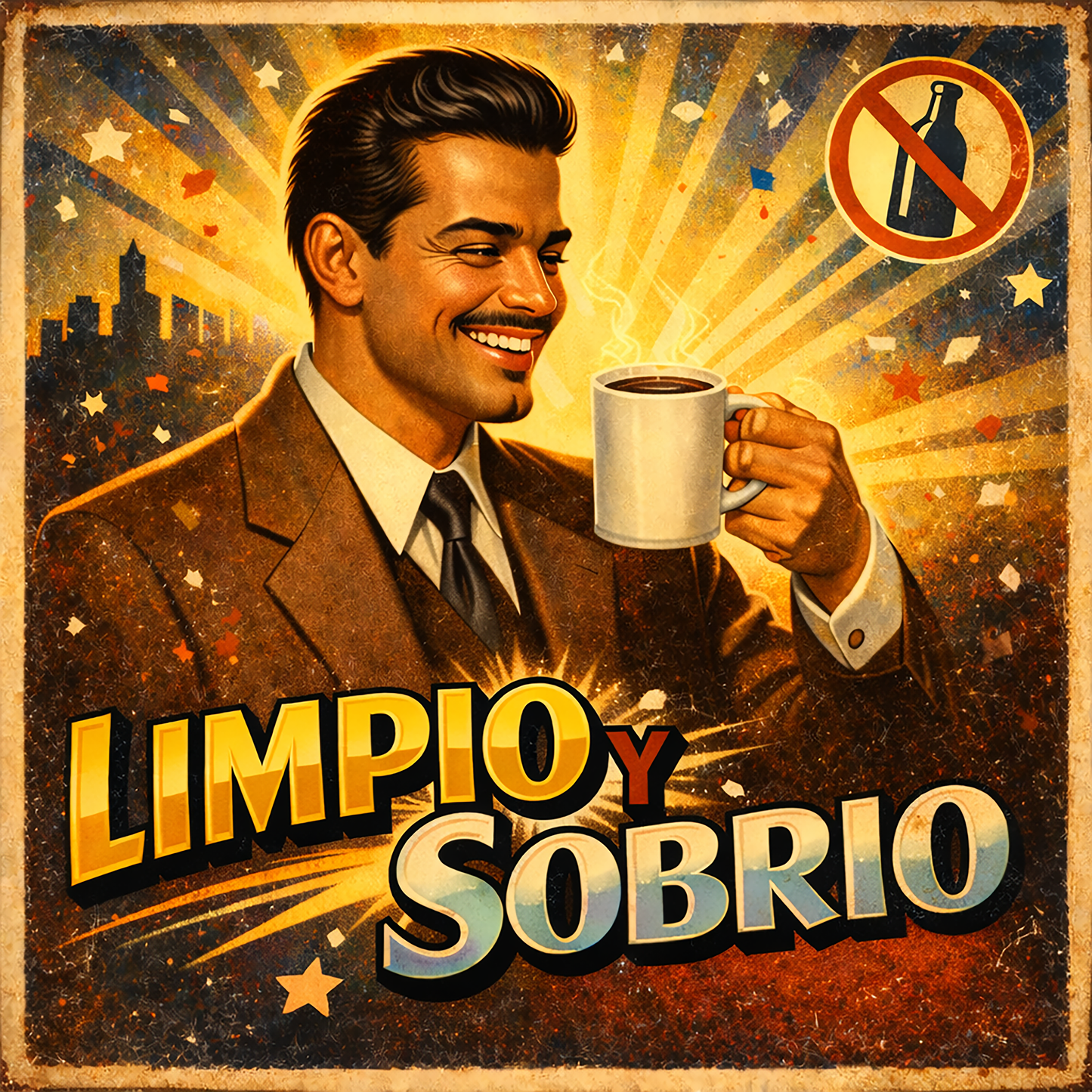 Miniatura de una Diseño retro en español para taza de café con hombre elegante sosteniendo una taza y texto “Limpio y Sobrio”, inspirado en la recuperación, la sobriedad y una vida positiva sin alcohol.