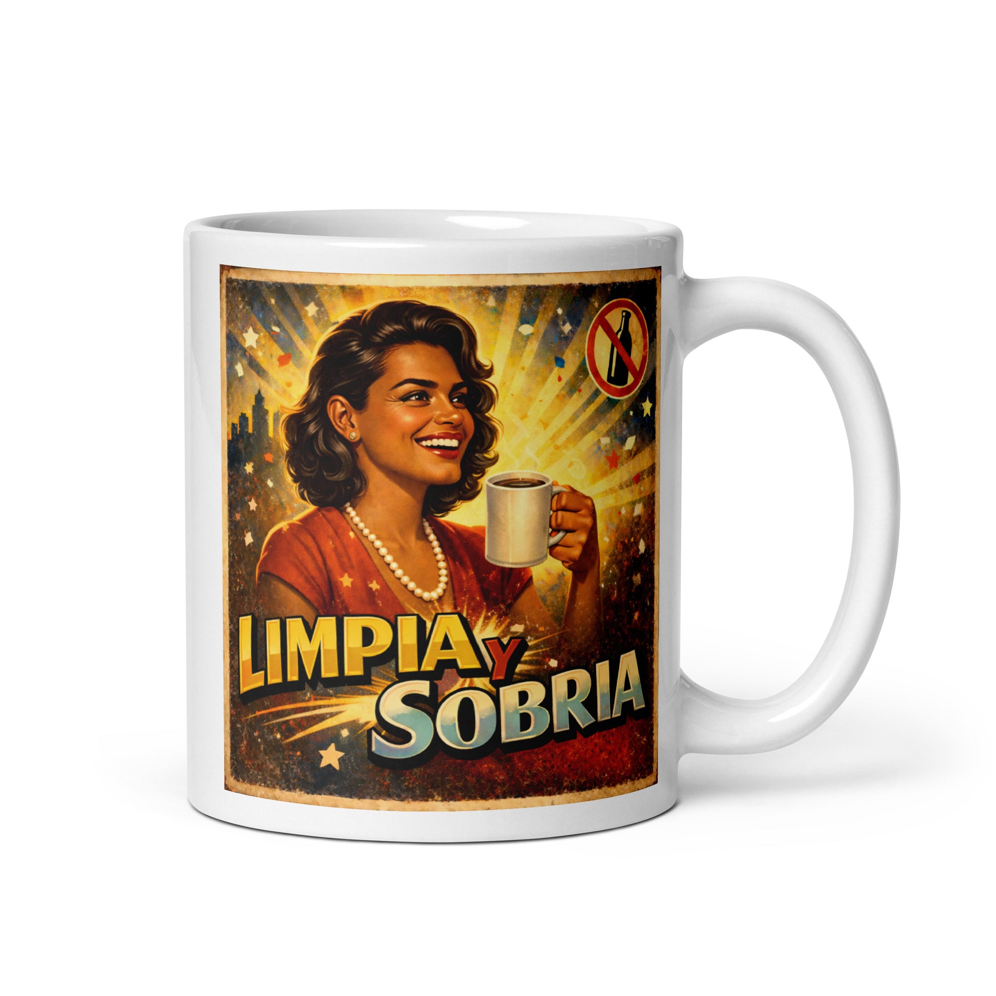 Diseño retro en español para taza de café con mujer sonriente sosteniendo una taza caliente y texto “Limpia y Sobria”, inspirado en la recuperación y una vida positiva sin alcohol.