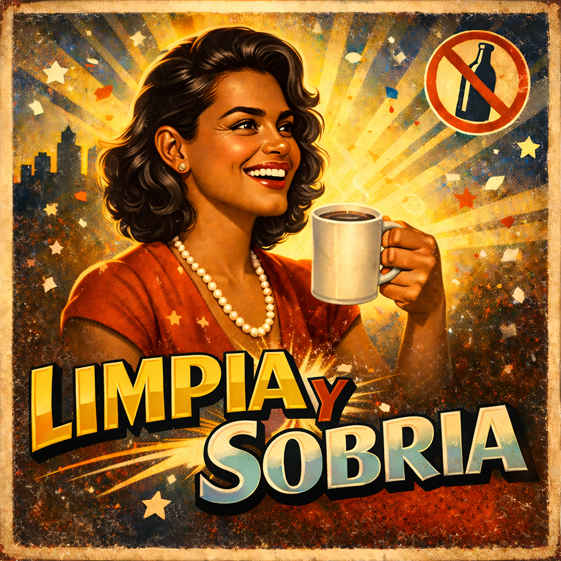 Miniatura de una Diseño retro en español para taza de café con mujer sonriente sosteniendo una taza caliente y texto “Limpia y Sobria”, inspirado en la recuperación y una vida positiva sin alcohol.