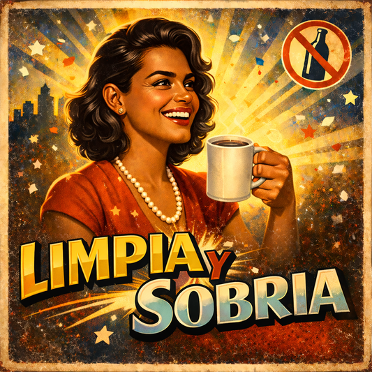 Miniatura de una Diseño retro en español para taza de café con mujer sonriente sosteniendo una taza caliente y texto “Limpia y Sobria”, inspirado en la recuperación y una vida positiva sin alcohol.