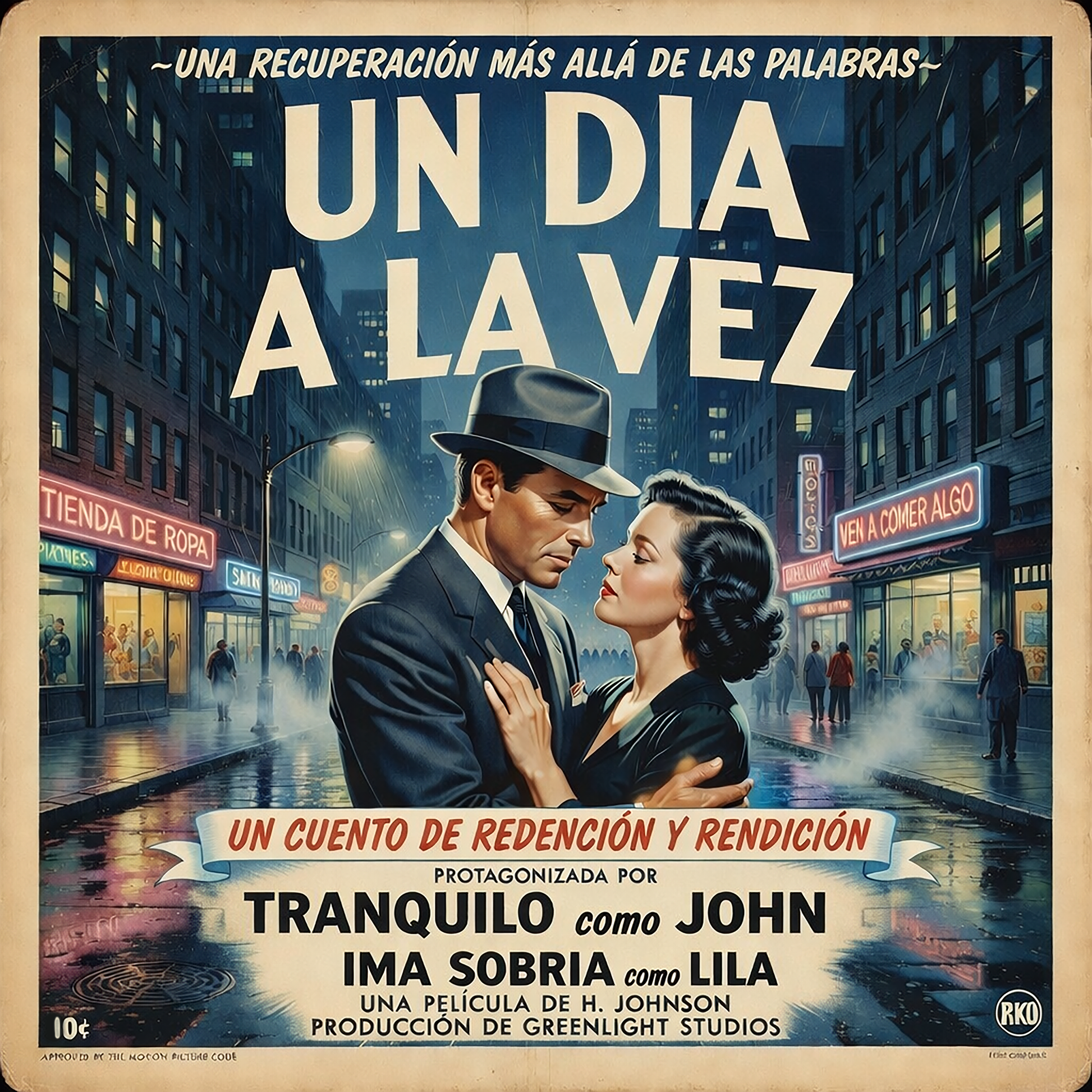 Miniatura de una Diseño retro de póster cinematográfico en español para taza de café con pareja elegante abrazándose en una calle nocturna y texto “Un Día a la Vez”, inspirado en películas clásicas sobre recuperación y sobriedad.