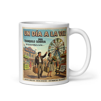 Hermosa y convincente Diseño retro estilo póster vintage en español con la frase “Un Día a la Vez”, mostrando una pareja caminando en una feria antigua simbolizando recuperación, esperanza y vida sobria.