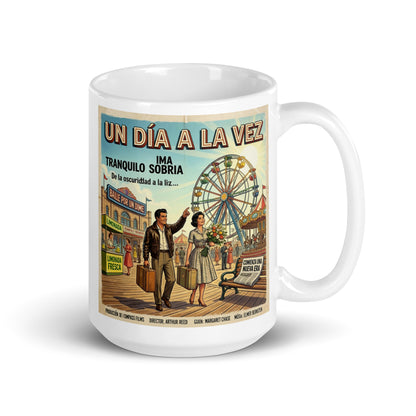 Feliz y alegre Diseño retro estilo póster vintage en español con la frase “Un Día a la Vez”, mostrando una pareja caminando en una feria antigua simbolizando recuperación, esperanza y vida sobria.