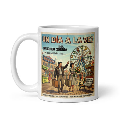 Colorido y animado Diseño retro estilo póster vintage en español con la frase “Un Día a la Vez”, mostrando una pareja caminando en una feria antigua simbolizando recuperación, esperanza y vida sobria.