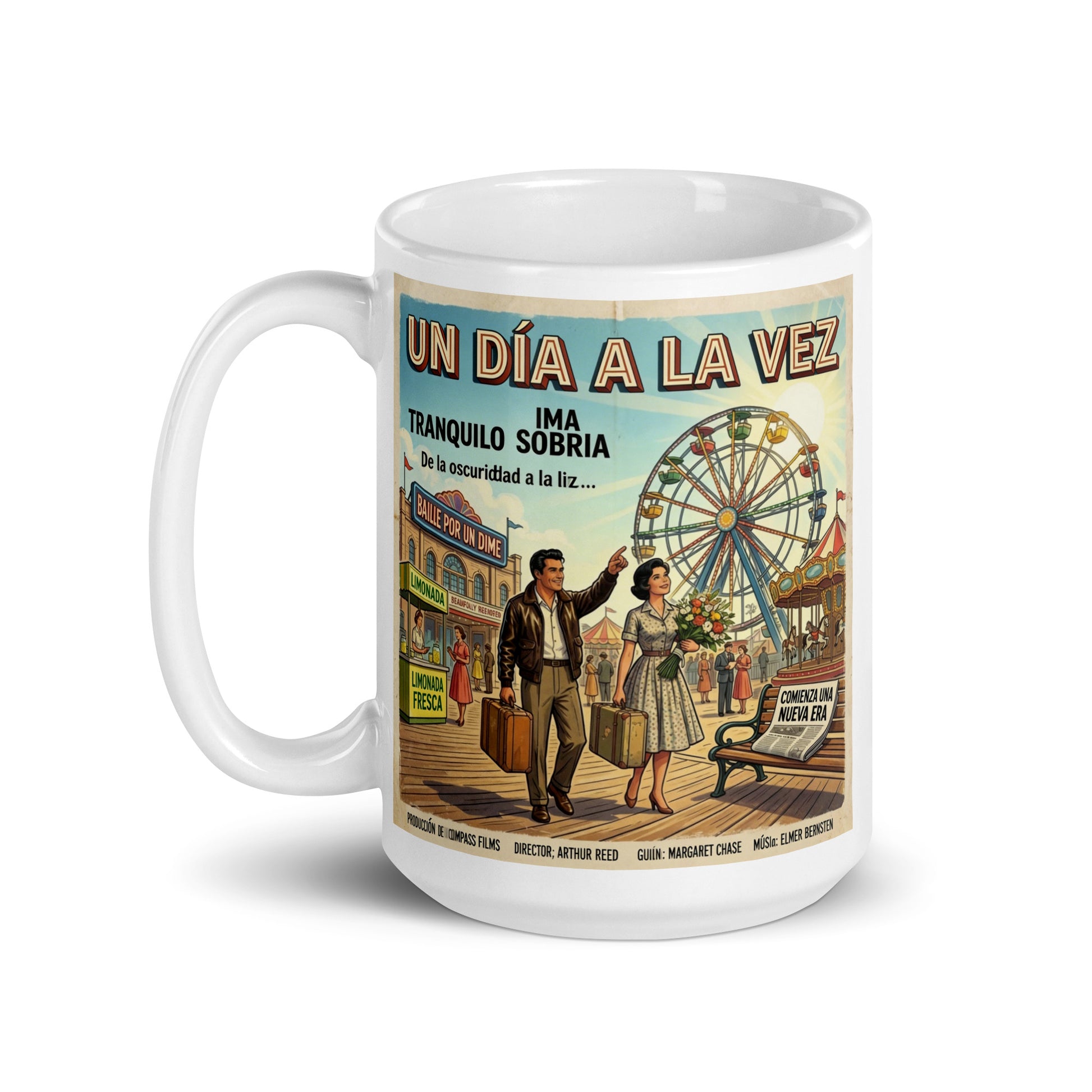 Diseño retro estilo póster vintage en español con la frase “Un Día a la Vez”, mostrando una pareja caminando en una feria antigua simbolizando recuperación, esperanza y vida sobria.
